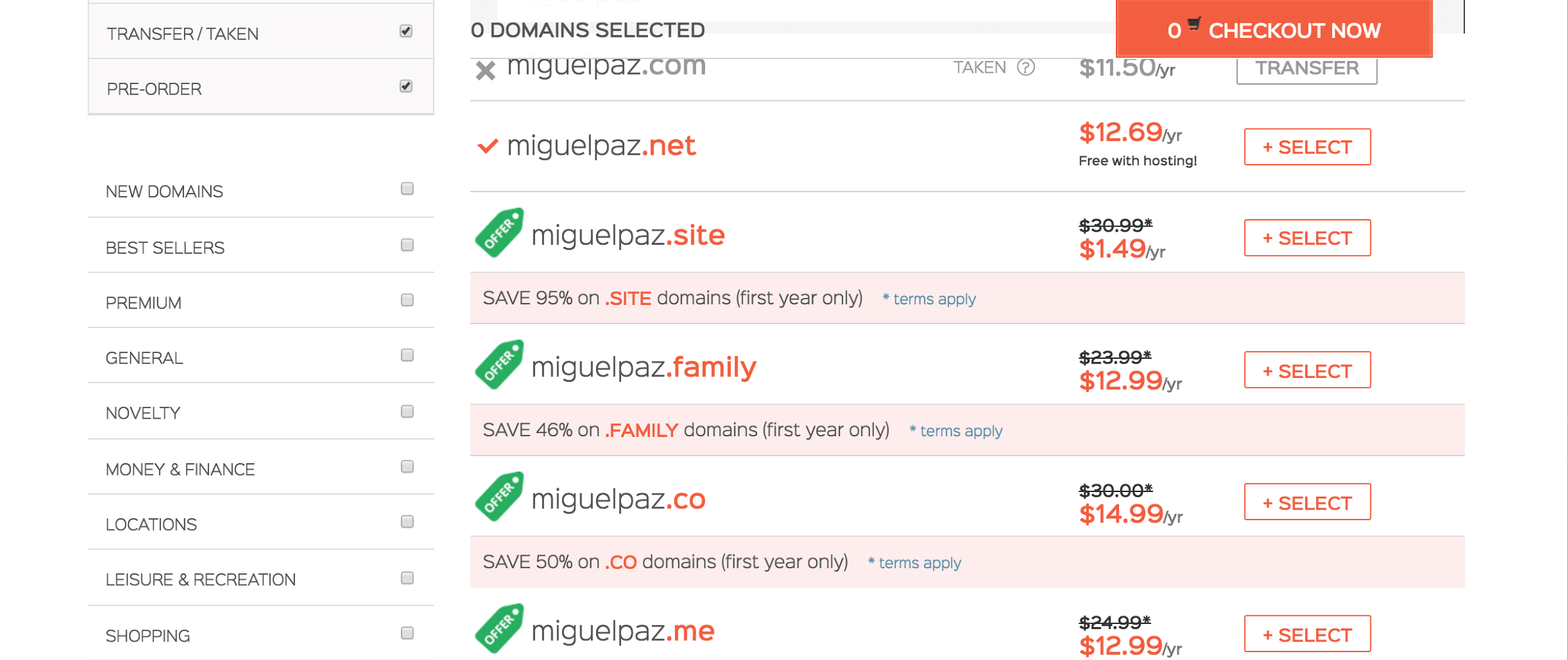 Options to choose a domain name from